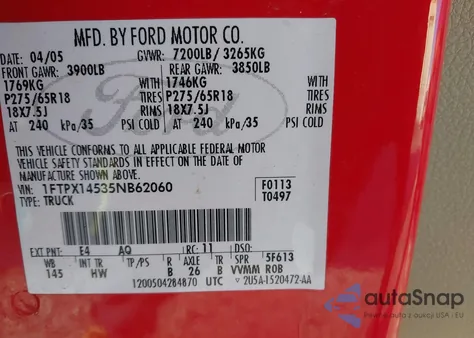 2005 Ford F-150 Fx4/Lariat/Xl/Xlt from USA, damaged, VIN 1FTPX14535NB62060